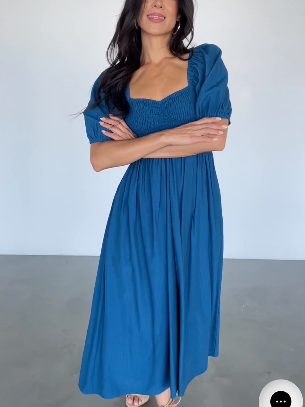 Baltic Born Stefania Dress Blue Teal Midi Smocked Puff Sleeve Boho Large